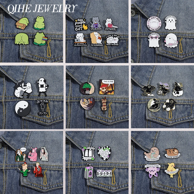 Conjuntos de animales divertidos, alfileres esmaltados, figura de Anime de dibujos animados, broches de pájaro y gato espeluznante, insignia de solapa para mochila, regalos de joyería Punk