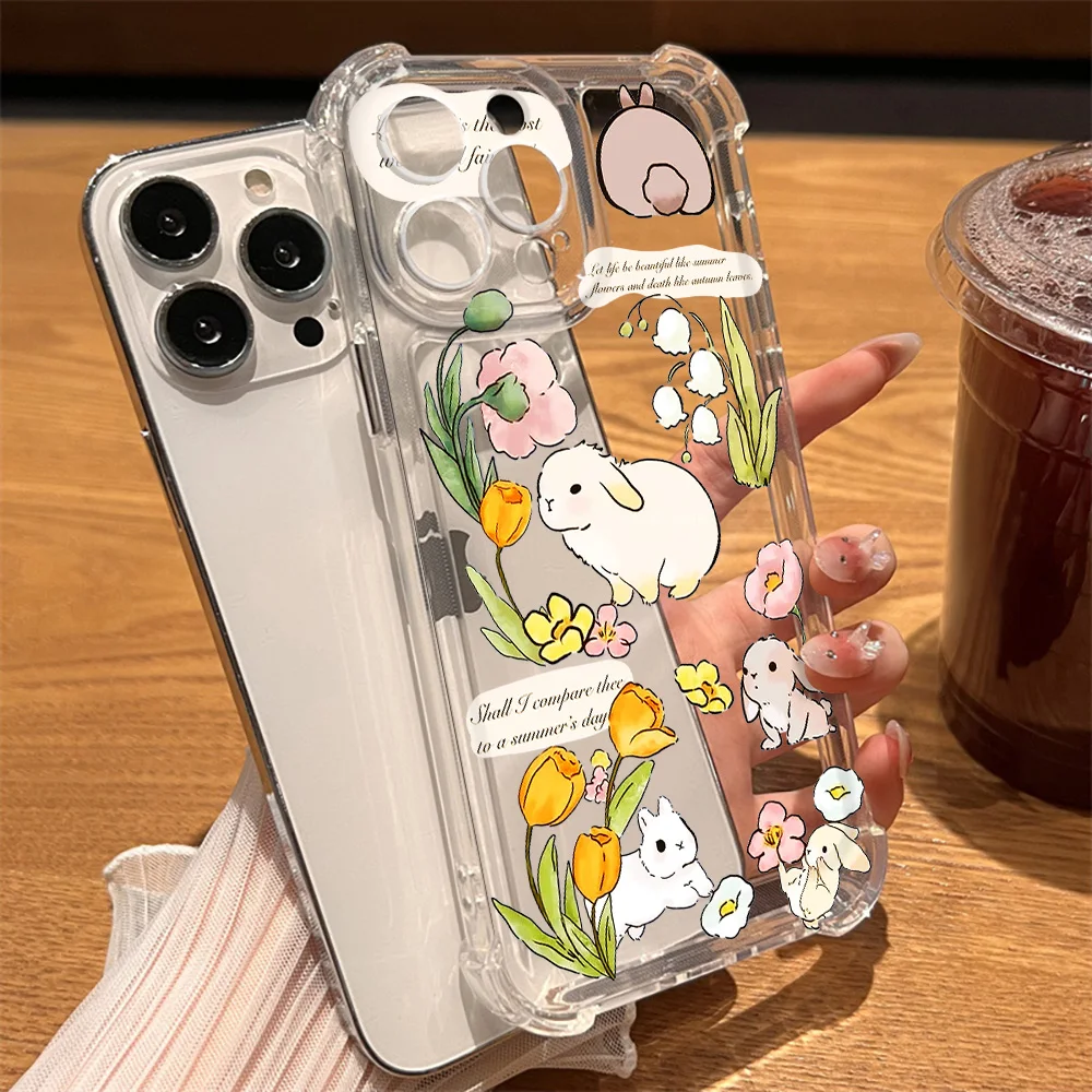 

Clear Hard Back Shockproof Phone Case for iPhone 15 13 12 11 ProMax XR XS Max 7 8 Plus SE ins Rabbit Tulip Cover for iPhone 14