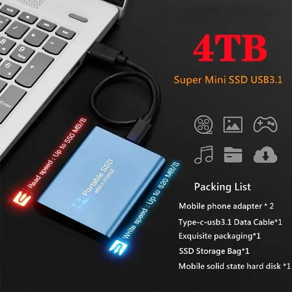 thumbnail image 3 of Disco duro portátil SSD de 1 TB o 4 TB, disco duro externo de alta velocidad USB 3.1 tipo C de 256 TB, disco duro de estado sólido para computadoras de escritorio, portátiles y Mac, 3 of 5