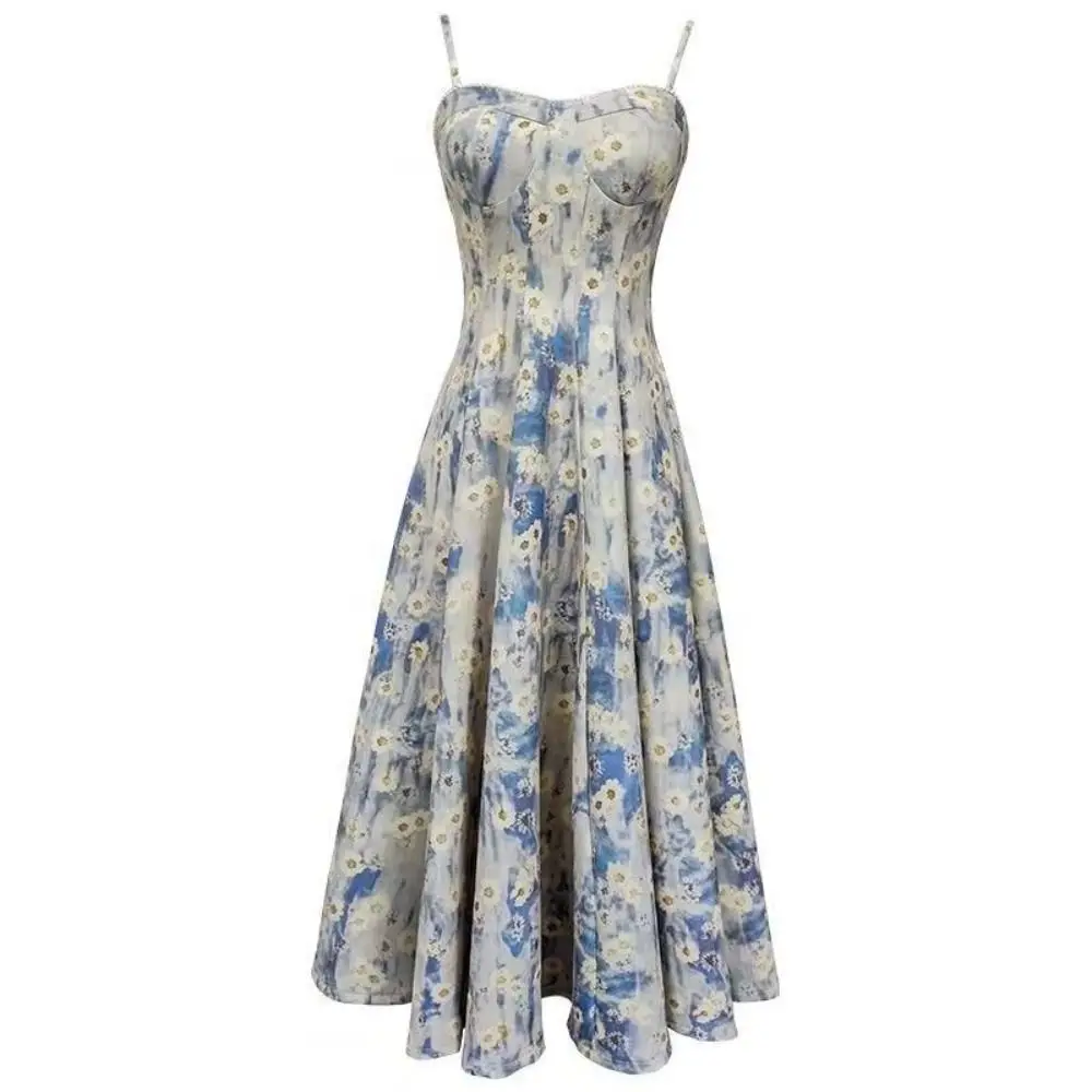 Schmal geschnittenes französisches blaues Ölgemälde-Slip-Kleid mit Taillenbund und Spaghettiträgern, Damen-Blumenmuster, langer Rock für Strandurlaub – Detail 10