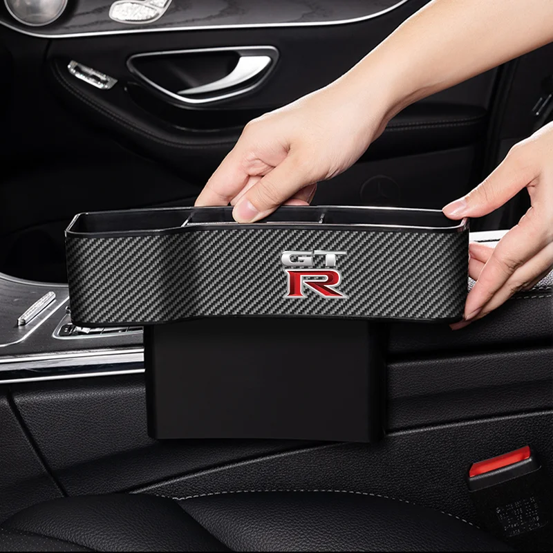 Car Carbon Fiber Leather Seat Gap Storage Box Organizer With Gtr Logo For Nissan Gtr Jdm R32 R33 R34