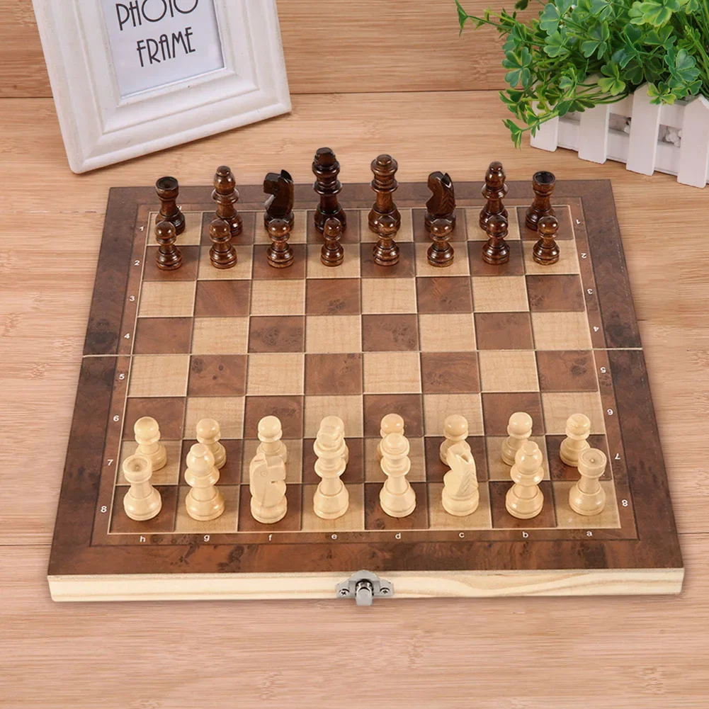 3 in 1 Foldable International Chess Wooden Chess and Checkers Game Set Portable Travel Chess Sets Chess Game Board for Adults Hi