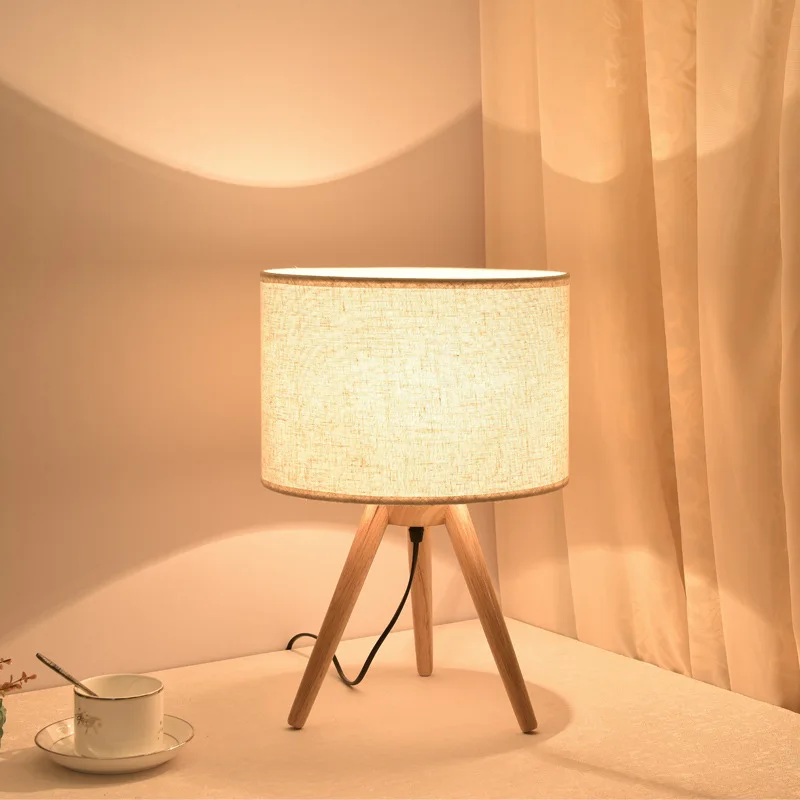 

Modern Three Legged Table Lamp For Bedroom Bedside Solid Wood Linen Cover Lampshade Night Desk Light Design Indoor Decor