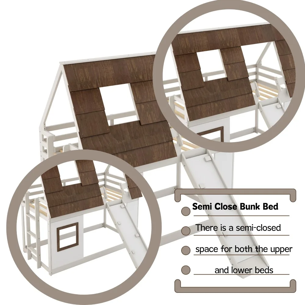 Low House Bunk Bed with Slide and Roof, Wood Twin Over Twin Floor Bunk BES for Kids 4