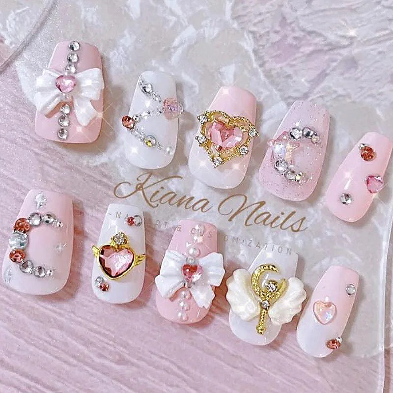 

New Diy Sailor Moon Shine bow Rhinestones Three-Dimensional Decoration Handmade Manicure Sweet Girl Wearable Fake Nail Sticker