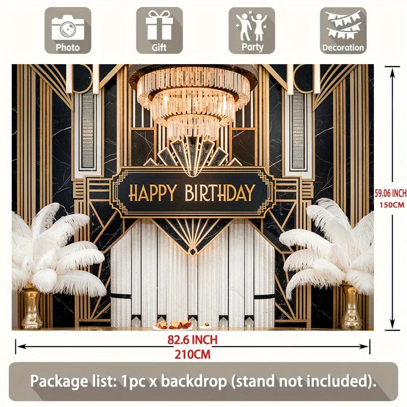 1 großer Geburtstagshintergrund mit Gatsby-Motiv – schwarz und goldene Art-Deco-Partydekoration, Partydekorationszubehör – Detail 7