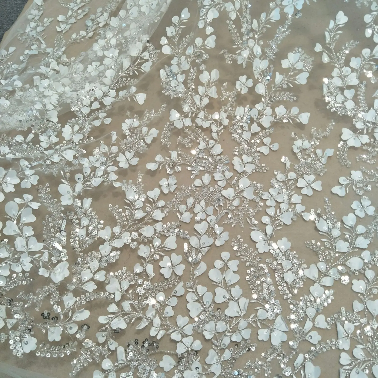 

new arrival laser cut wedding gown dress lace fabric 130cm width lace fashion beading lace 3D flower fabric