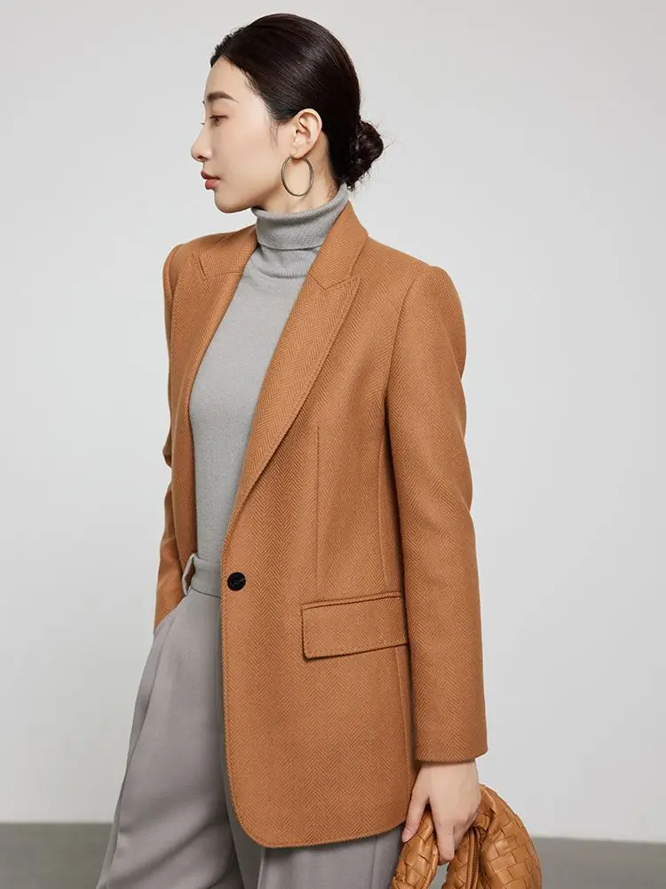 

High-end Cashmere Suit Coat Woman Autumn Camel Commuter Wool Suit Coat Female 2023 New Winter Classic Casual Slim Twill Jacket