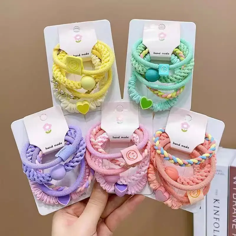 

5-piece set of cute little girl hair rings, high aesthetic value, girl smiling face, love headband, rubber band hair accessories