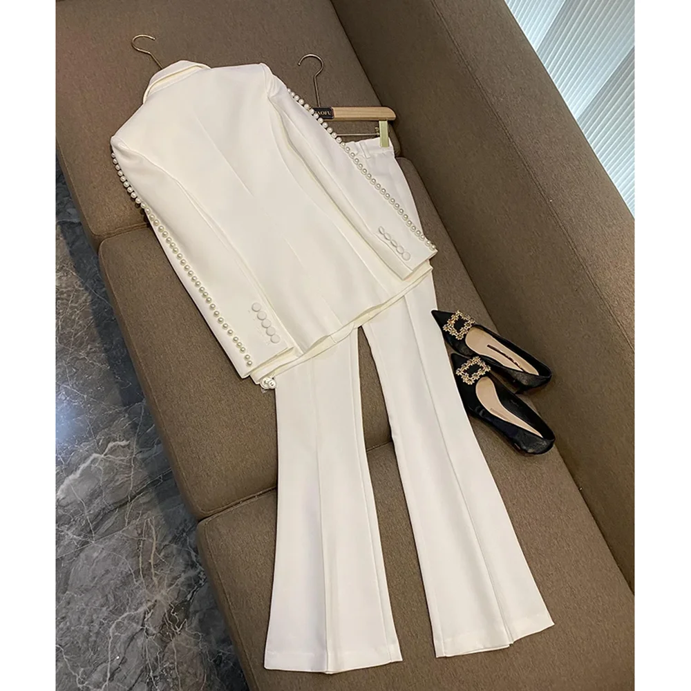 Luxury Pearls Women Pants Sets 2 Piece White Peak Lapel Single Button Wear Fashion Elegant Wedding Party Office Lady Suits 2