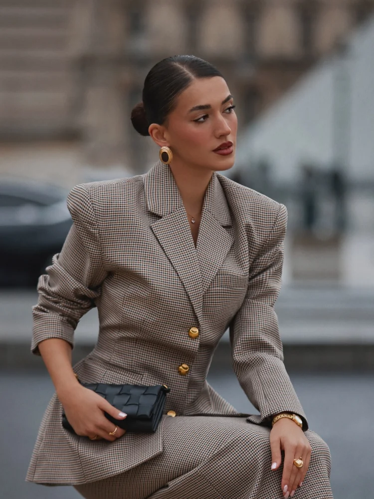 Plaid Coat Women Belt Autumn Winter Slim Lapel Buttons Pockets Outerwear Female Long Sleeve Vintage Jacket Lady High Street Chic 4