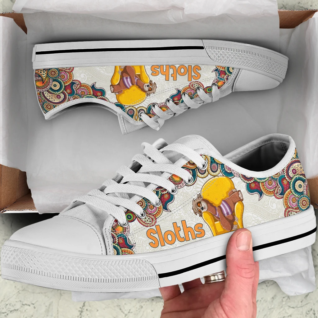 New Bohemian Mandala Sloth Print Women's Low-top Vulcanized Shoes Round Toe Casual Lace-up Flat Walking Shoes