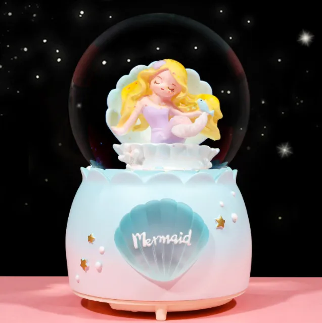 Crystal Ball Music Box Mermaid Girls Birthady Gifts Glowing Snowflakes Music Box Home Decoration Desktop Ornament 2