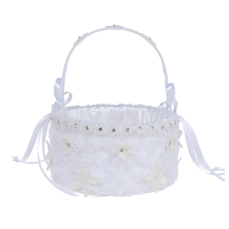 

Корзина для девочек с цветами для свадьбы, маленькие белые атласные корзины с кружевными цветами стразы, лента