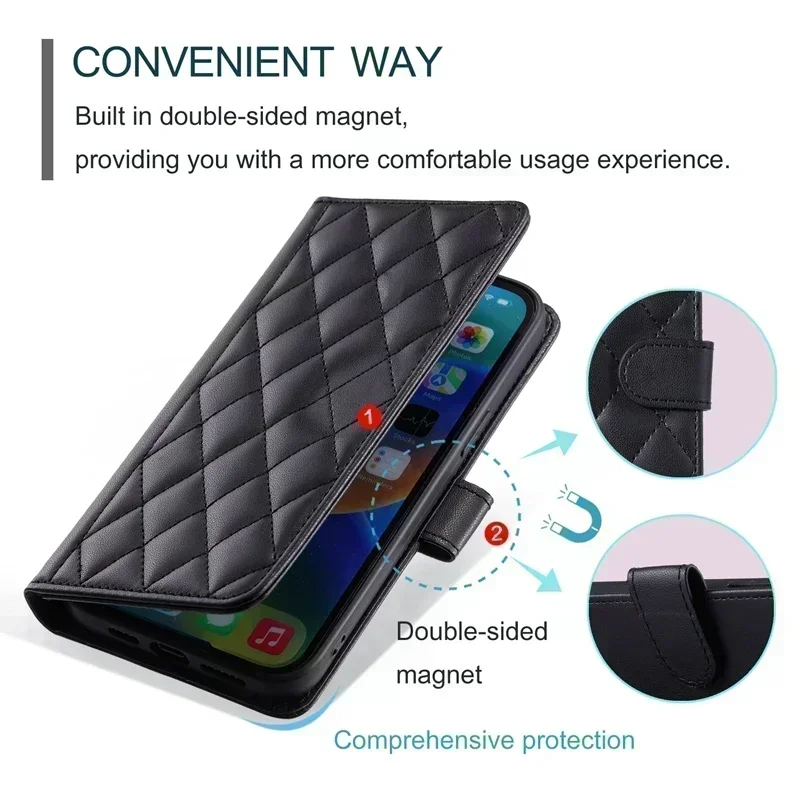 Diamond Lattice Leather Wallet Case - Elegant Protective Cover
