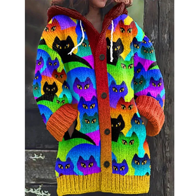 2024 Knitted Sweater Cardigan Cat Print O-neck Long Sleeve Jumpers Warm Fashion Women Casual Cardigan Autumn Winter Sweater 4