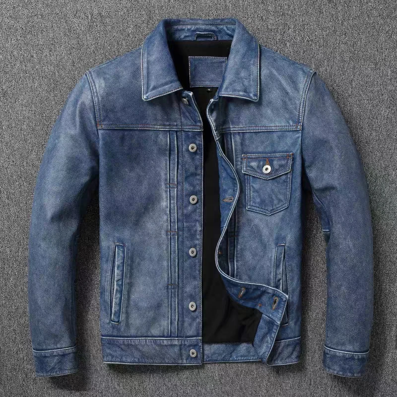 

American Casual Top Layer Cowhide Leather Jacket Denim Blue Retro Graphite Distressed Motorcycle Leather Jacket Men's Short