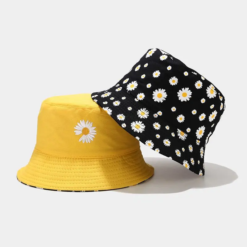 

Summer Double-Sided Daisy Bucket Hats Women's Embroidery Hip Hop Panama Bob Caps Folded Beach Sun Fisherman Hat for Ladies men