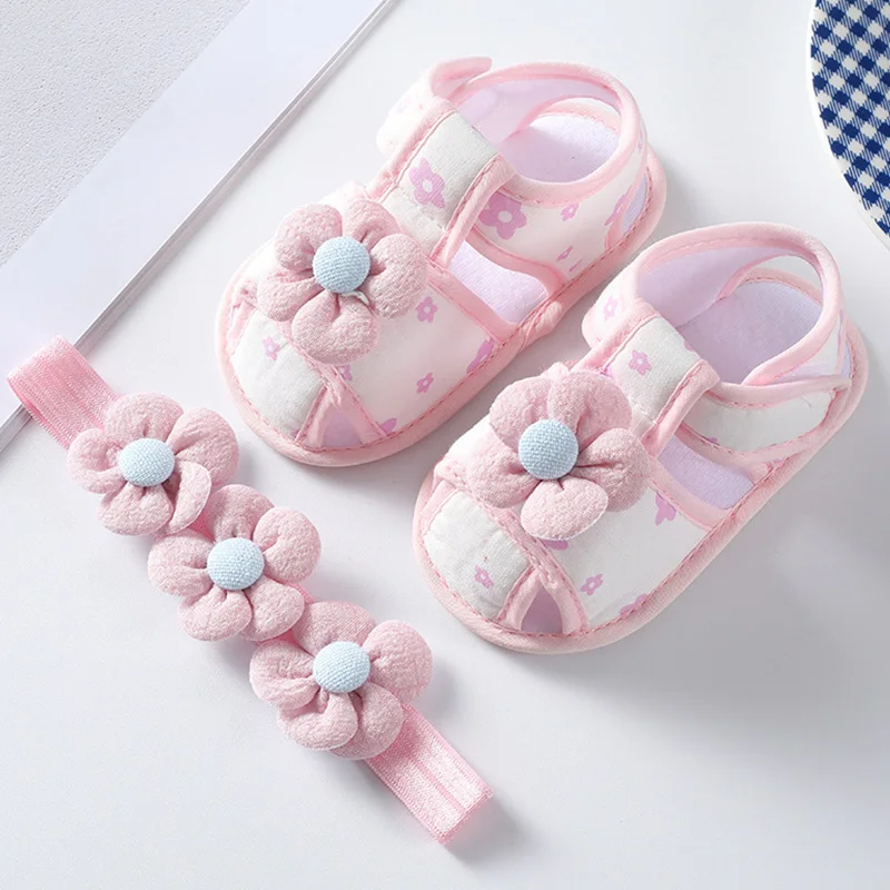 Baby Summer Cotton Shoes and Headband Soft Sole Floral Flats Sandals
