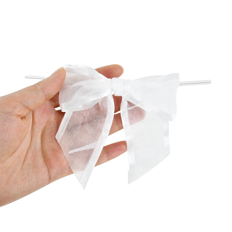 5/10/20 stücke weiße vor gebundene Organza-Schleifen mit Twist-Krawatten Satin band Schleifen für Hochzeits feier Geburtstags geschenk Süßigkeiten Verpackung – Detail 5