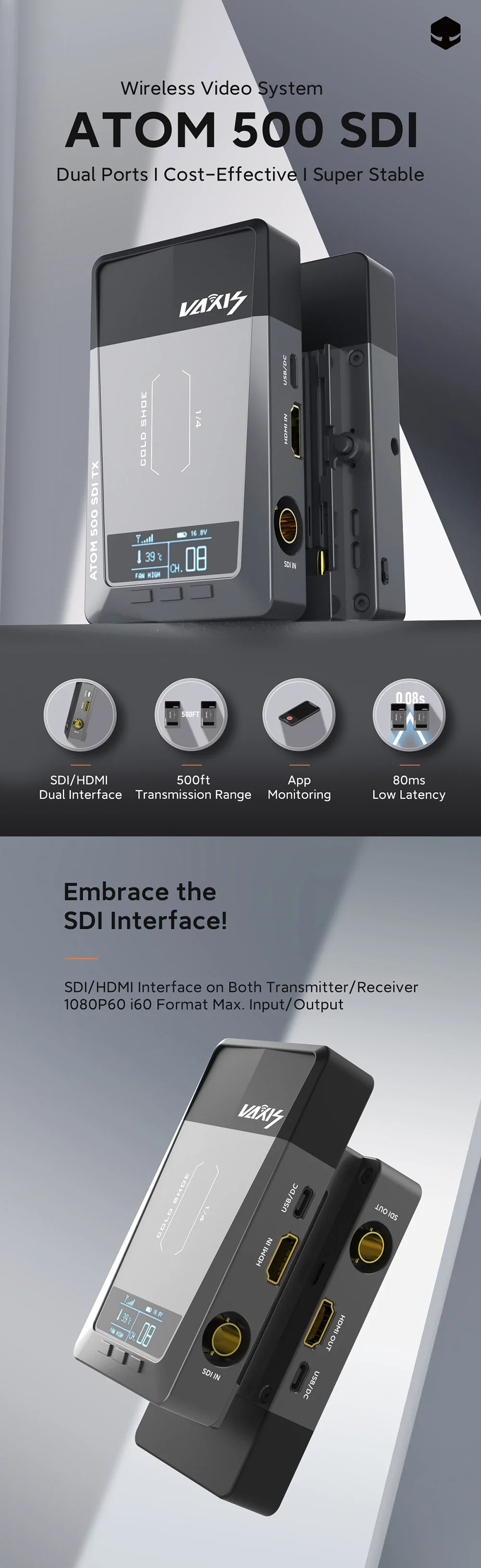 Vaxis ATOM 500 SDI Wireless Transmission System 1080P HD Image Video Transmitter