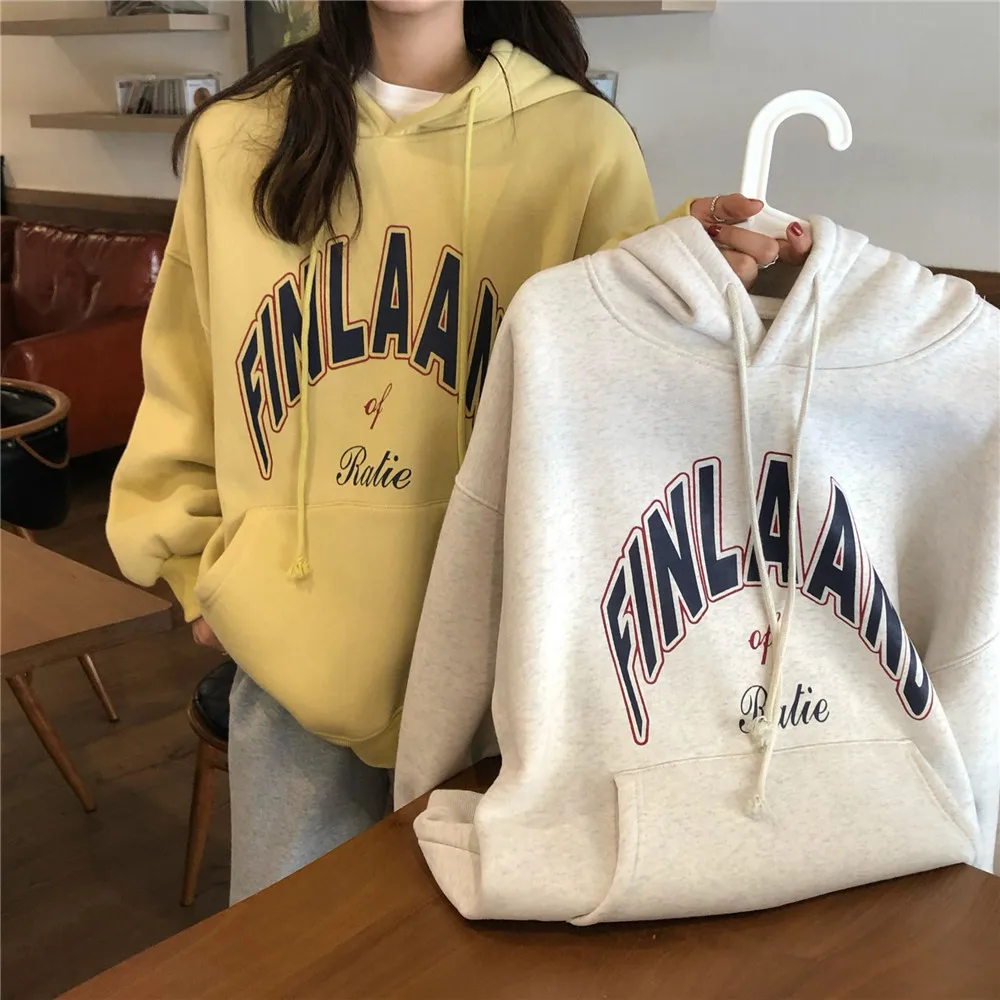 

Autumn and Winter New Korean Style Velvet Hooded Sweatshirt Women's Loose Student Tops Jacket Women's Clothing Oversized Hoodie