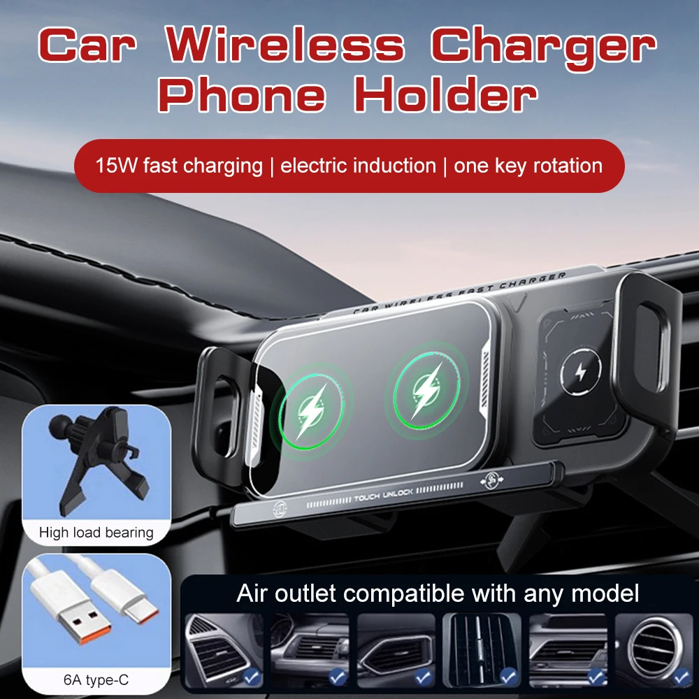 2025 New Universal Dual Coil Foldable Phone Holder Car Wireless Charger Car Phone Mount for Samsung Galaxy Fold 6 5 4 3 Z Flip