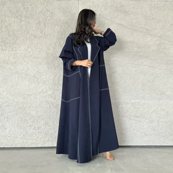 Fashionable Muslim Abaya Dress Cardigan Style Denim Long Robe New Hot Sale Of The Season Polyester Cotton Blend Long Sleeve M...
