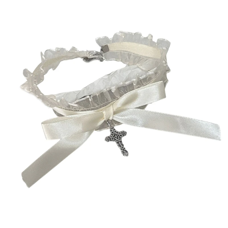 Choker Necklace Ruffle Lace Bowknot Crosses Charm Maid Sweet Collar Accessories
