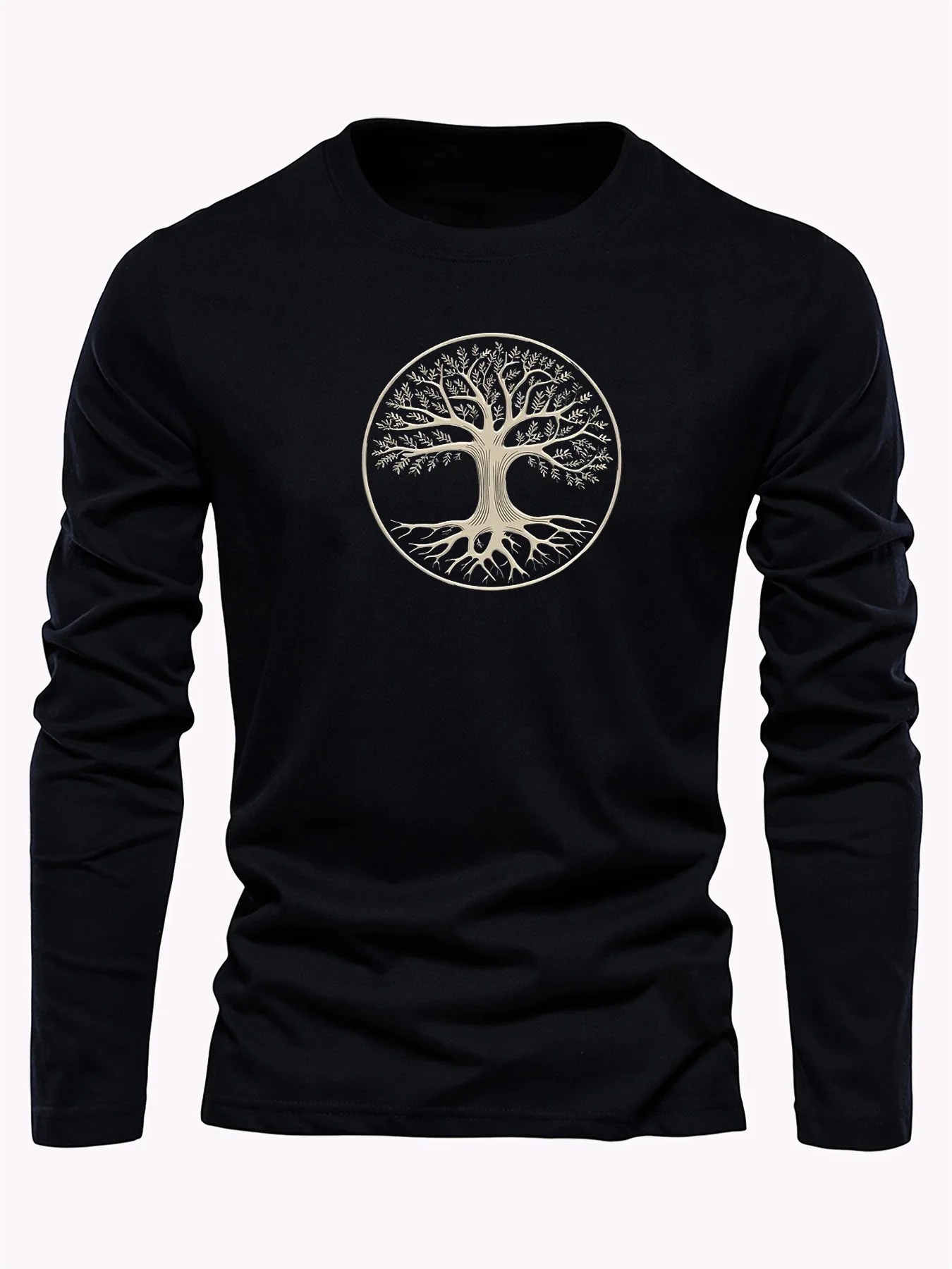 Men's 100% pure cotton loose and comfortable casual sports tree pattern printed round neck long sleeved T-shirt top