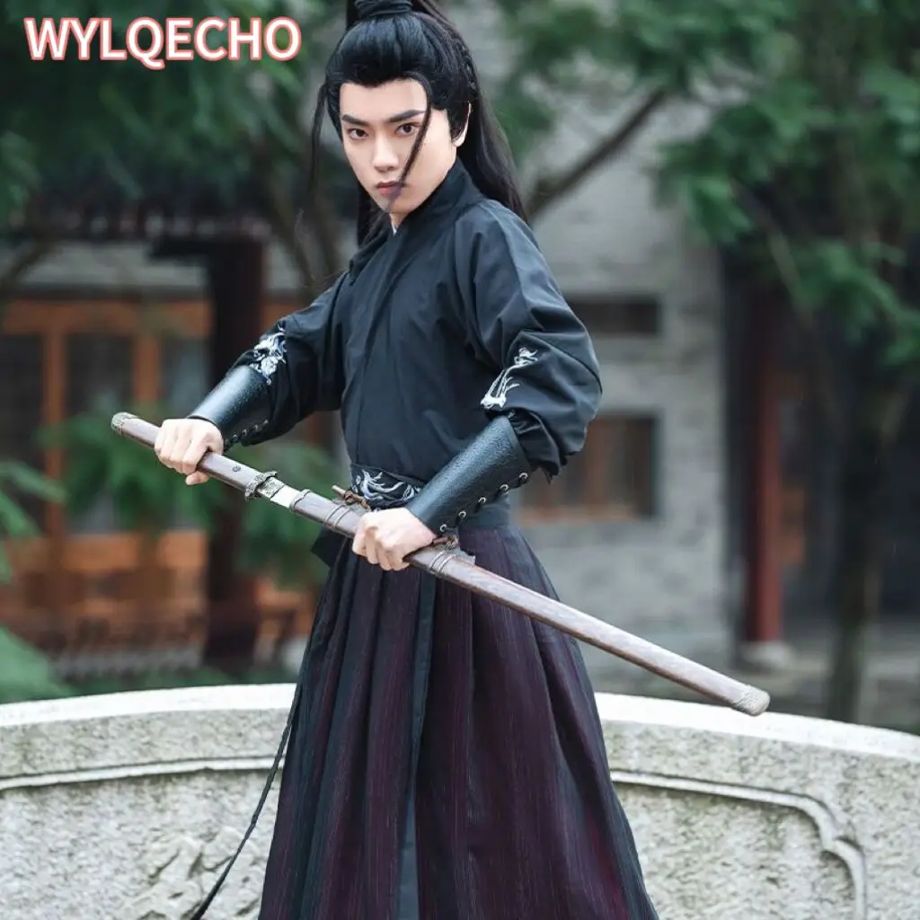 

Large Size 4XL Hanfu Men Chinese Traditional Cosplay Costume Halloween Cos Costume Ancient Hanfu Black&Red Shirt+Skirt Sets