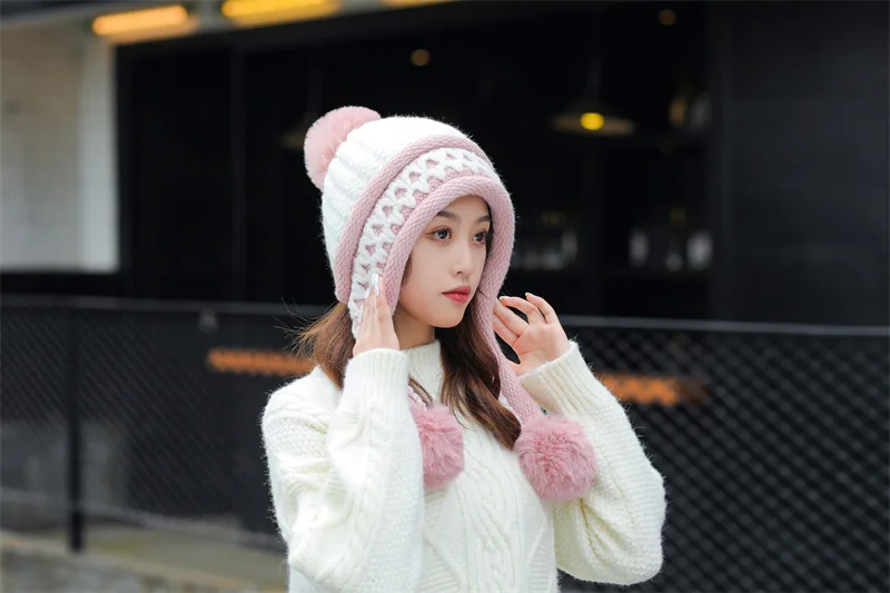 Neue Gestrickte Hut Dicke Warme Earflap Hüte Schal 2Pcs Set Fleece Gefüttert Ball Bommel Skullies Beanies Frauen Winter kaninchen Fell_voghion.com