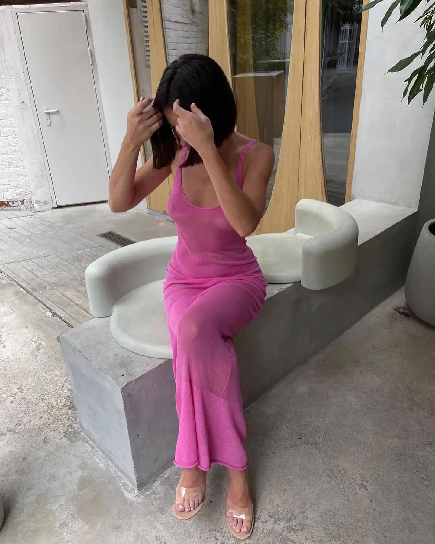Backless Patchwork Maxi Dress Cover up For Women Slim Loose Holiday Beach See-Through Clothes Dress Female Knit Long Dress