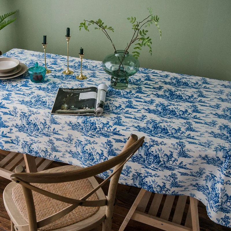 Nappe en Tissu Coton Polyester Lavable, Couverture de Table pour la Cuisine, Décoration de la Maison, Design Original, Impression Artistique Bleue,