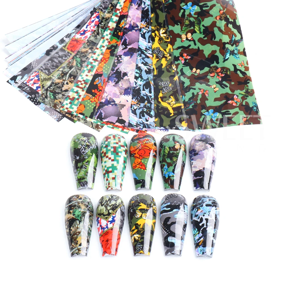 10pcs/set Camouflage Leopard Nail Transfer Foils Starry Sky Stickers Green Manicure Decal Full Wraps Nail Decorations Slider