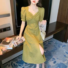 2022 Summer New Women's Vintage Dresses French V-Neck Puff Sleeve Slim Slit A-Line Skirt Dating Vacation Travel Ladies Clothing
