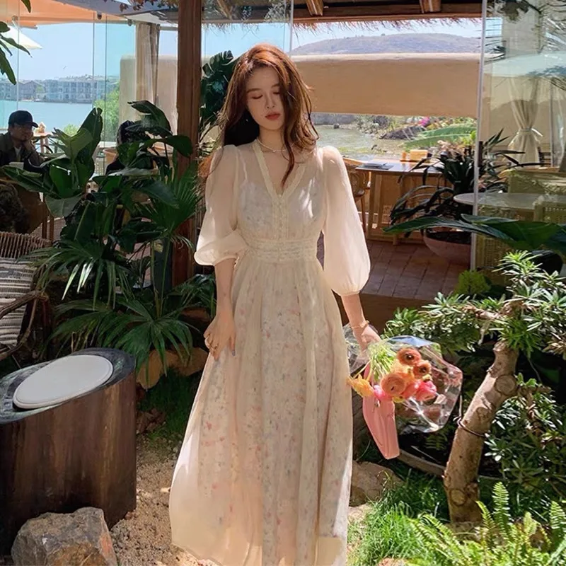 

Женское длинное платье, цветочные платья Y2k, комплект из двух предметов, летние элегантные сексуальные пляжные платья, французское корейское платье богини с высокой талией