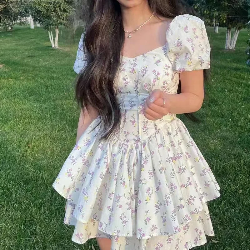 

High Waist Dress Women Summer Floral Sweet Square Collar Puff Sleeve Princess Girlish Tender Elegant Korean Style Preppy Chic