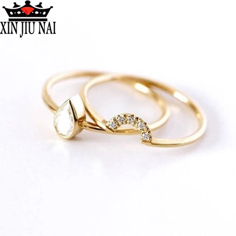 

2/Pcs Simple Women Gold Rings Set Cubic Zirconia Anniversary Birthday Party Engagement Wedding Band Jewelry Anillos14k gold