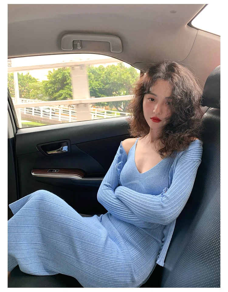 Vintage Chic Knitted 2-piece Dress Set Women Crop Cardigan V-neck Spaghetti Strap Bodycon Midi Dress Autumn New Female Clothing