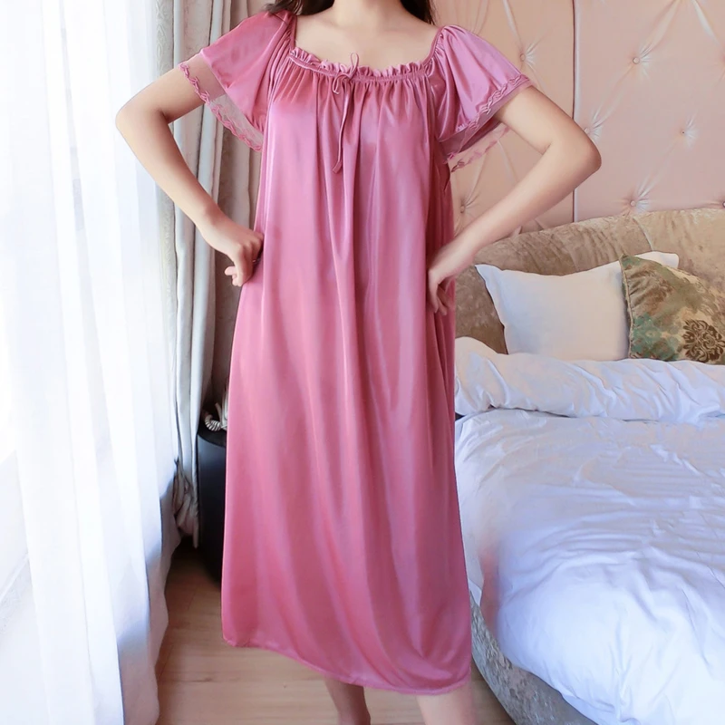 Women Night Gowns Sleepwear Lace Patchwork Nightwear Long Sleeping Dress Casual Ladies Home Dressing