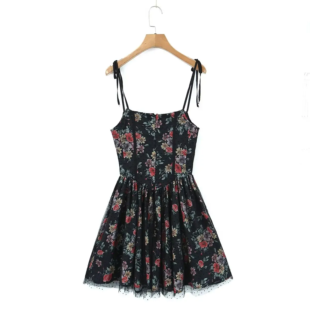 Women Black Floral Print Corset Style A-line Mini Dress With Mesh Bra Detail