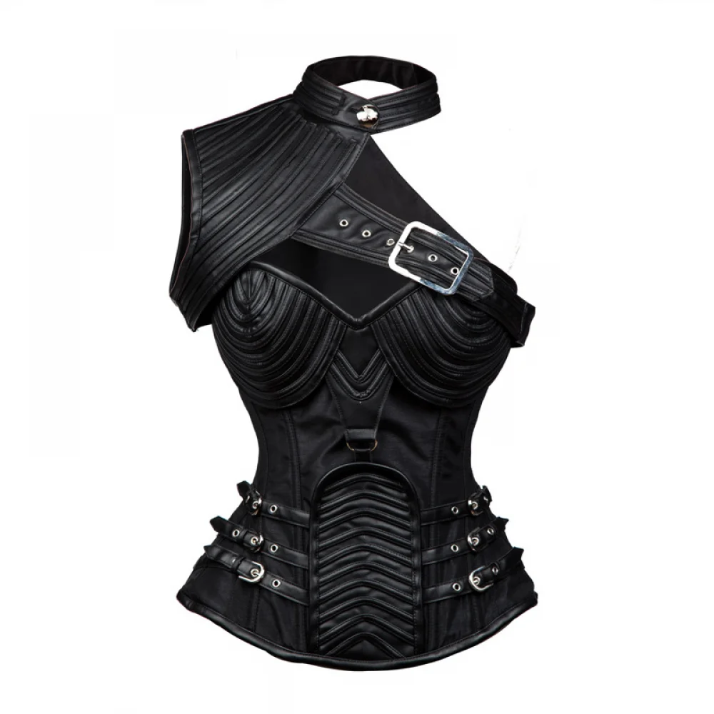 Plus Size Leather Corset Bustier Steampunk Clothing Women Top Vintage Outerwear Corselet Overbust Pirate Costume Basques Black