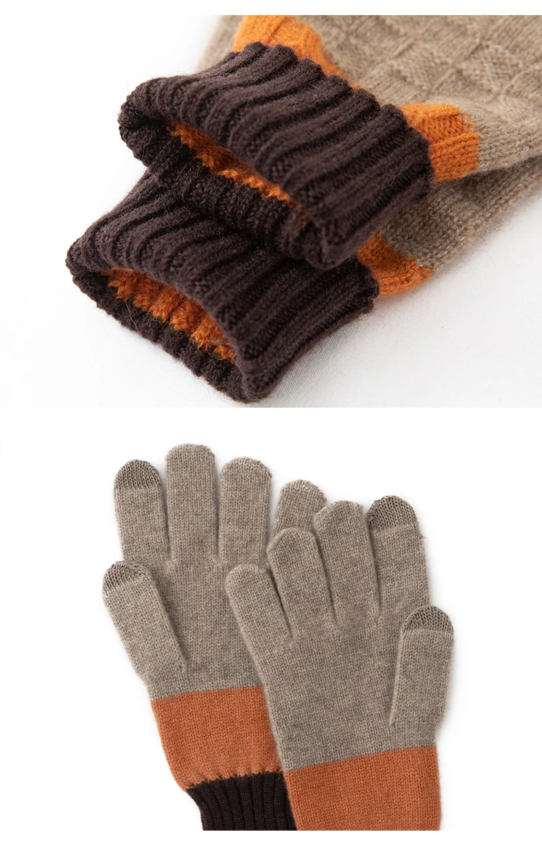 Orange Braun Kontrastfarbe 100 % Kaschmir Strickhandschuhe Männer und Frauen Herbst und Winter Warme Reise verdickte Fingerhandschuhe – Detail 10