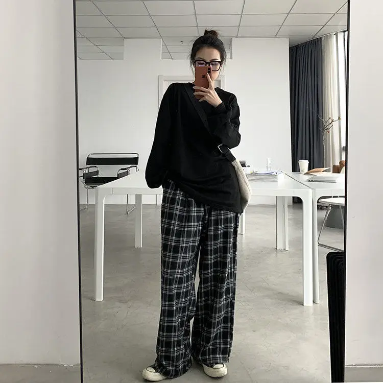 Black and Pink Plaid Pants Oversize New Women Casual Loose Wide Leg Pants Ins Retro Teenagers Straight Trousers Hiphop Streetwea cargo pants for women