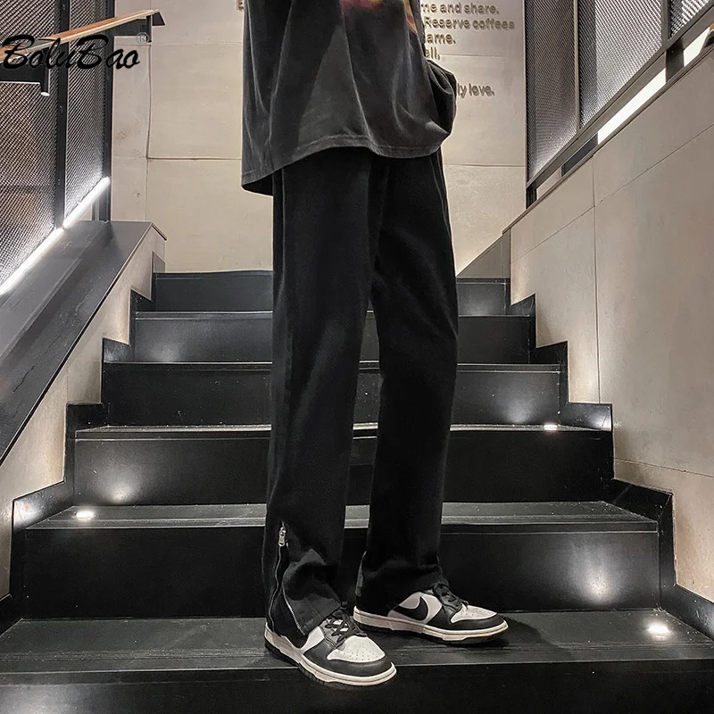 

BOLUBAO 2023 Outdoor Casual Pants Men's High Street Straight Half Zipper Jeans High-Quality Design Popular Casual Oants Men