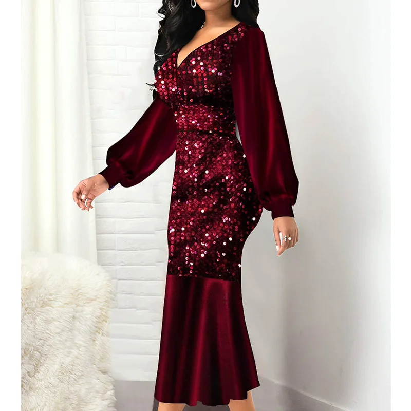 Autumn Evening Party Sexy V-Neck Sequined Patchwork Solid Slim Long Sleeve Zipper Higt Waist Fishtail Dresses Plus Size Women