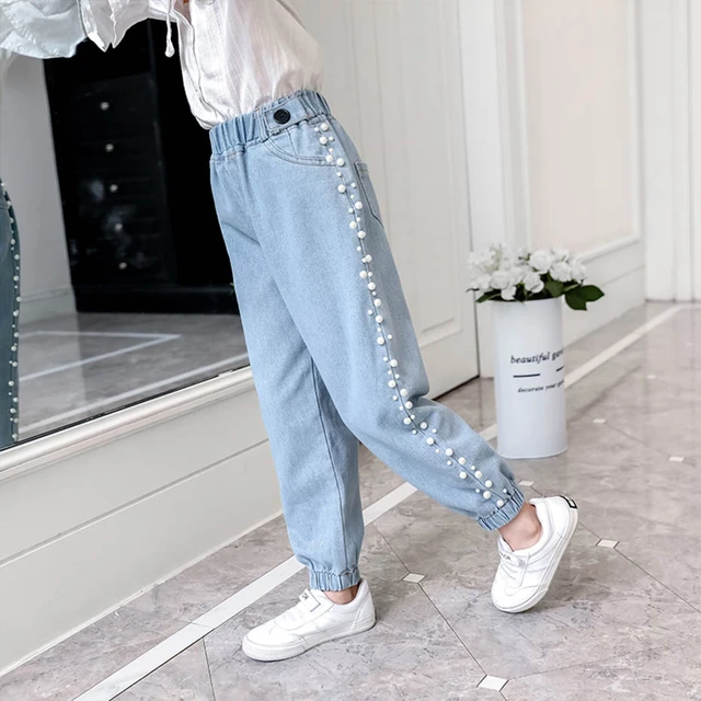 Calças de brim menina pérolas crianças jeans meninas estilo casual criança  jeans primavera outono roupas para meninas denim calças 6 8 10 12 anos -  AliExpress