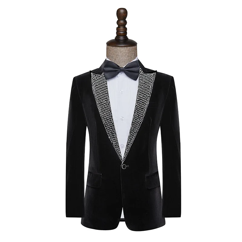 Blazer da ballo in velluto nero di lusso per uomo Slim Fit 1 pezzo giacca da smoking perline giacca con risvolto a punta blazer da uomo per feste di scena 2