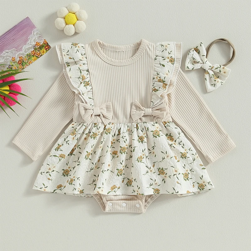 

Newborn Infant Baby Girl Clothes Ribbed Romper Dress Ruffle Long Sleeve Jumpsuit With Headband Fall Winter Outfit